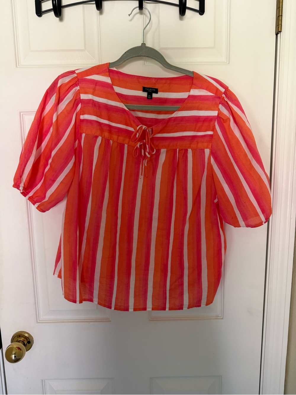 Talbots Pink & Orange Striped Tie-Front Puff Sleeve Blouse - size XLP